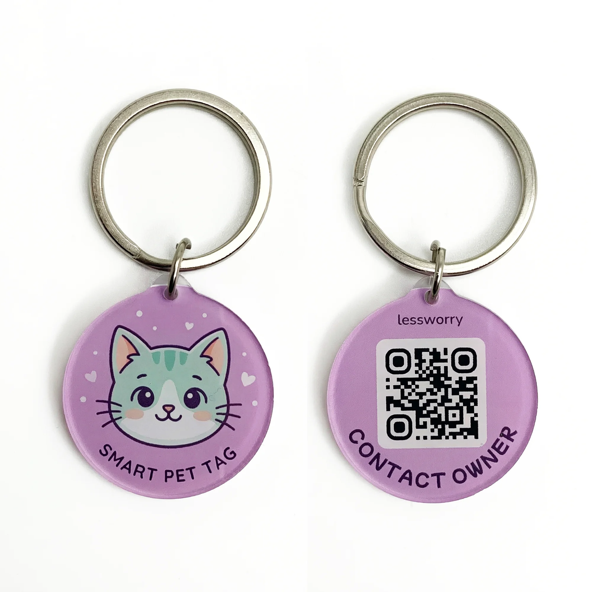 Light purple acrylic pet keychain with a cute cat illustration on one side and a QR code with "lessworry" and "CONTACT OWNER" text on the other side.