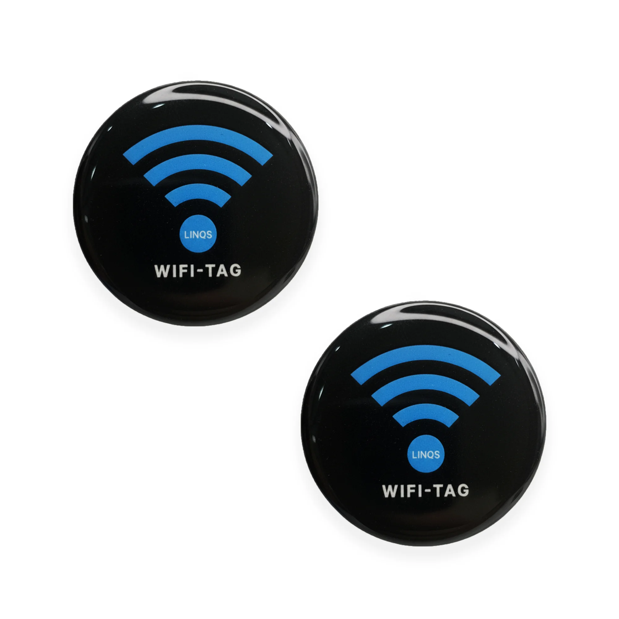 Two black circular stickers with blue WiFi symbols and "WIFI-TAG" text on a white background.