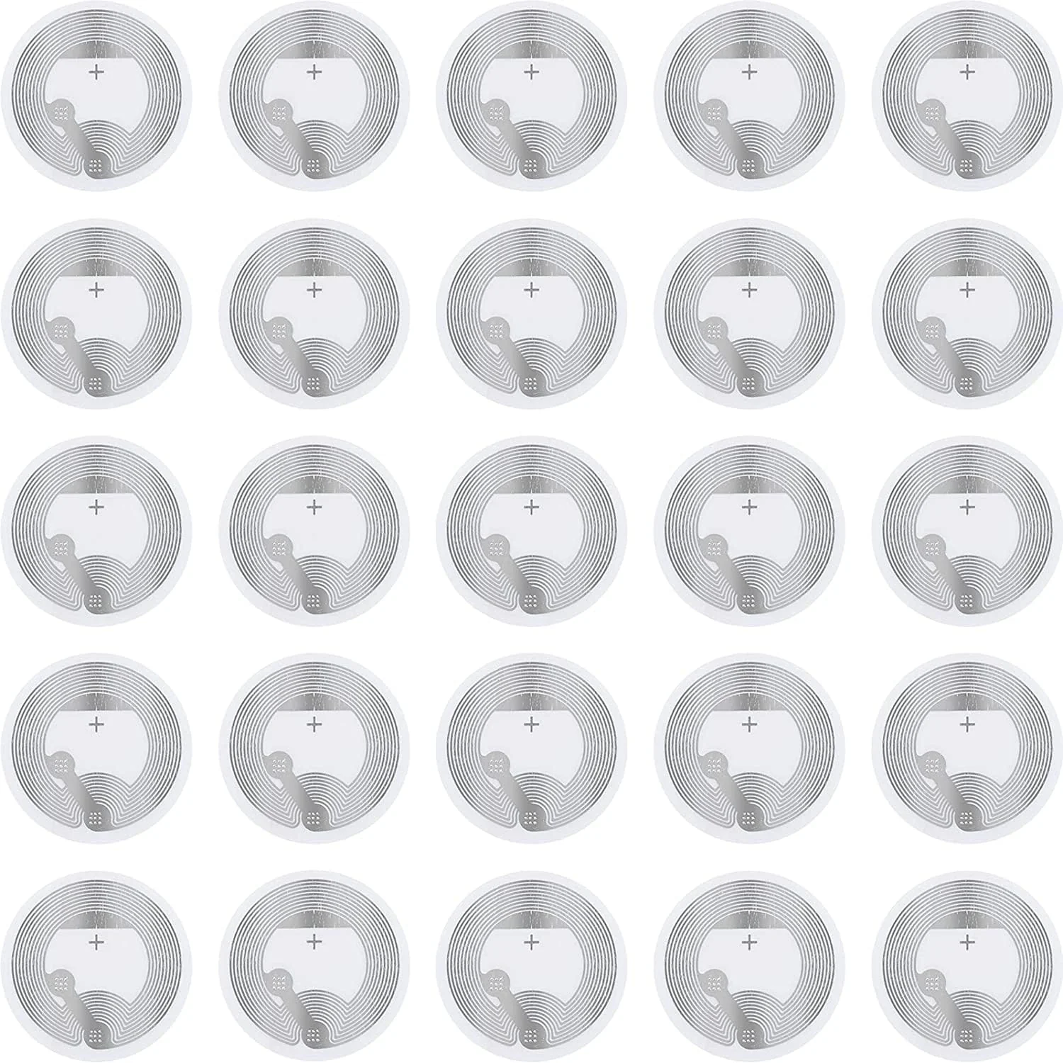 A grid of 25 circular white NFC stickers with visible circuitry patterns.