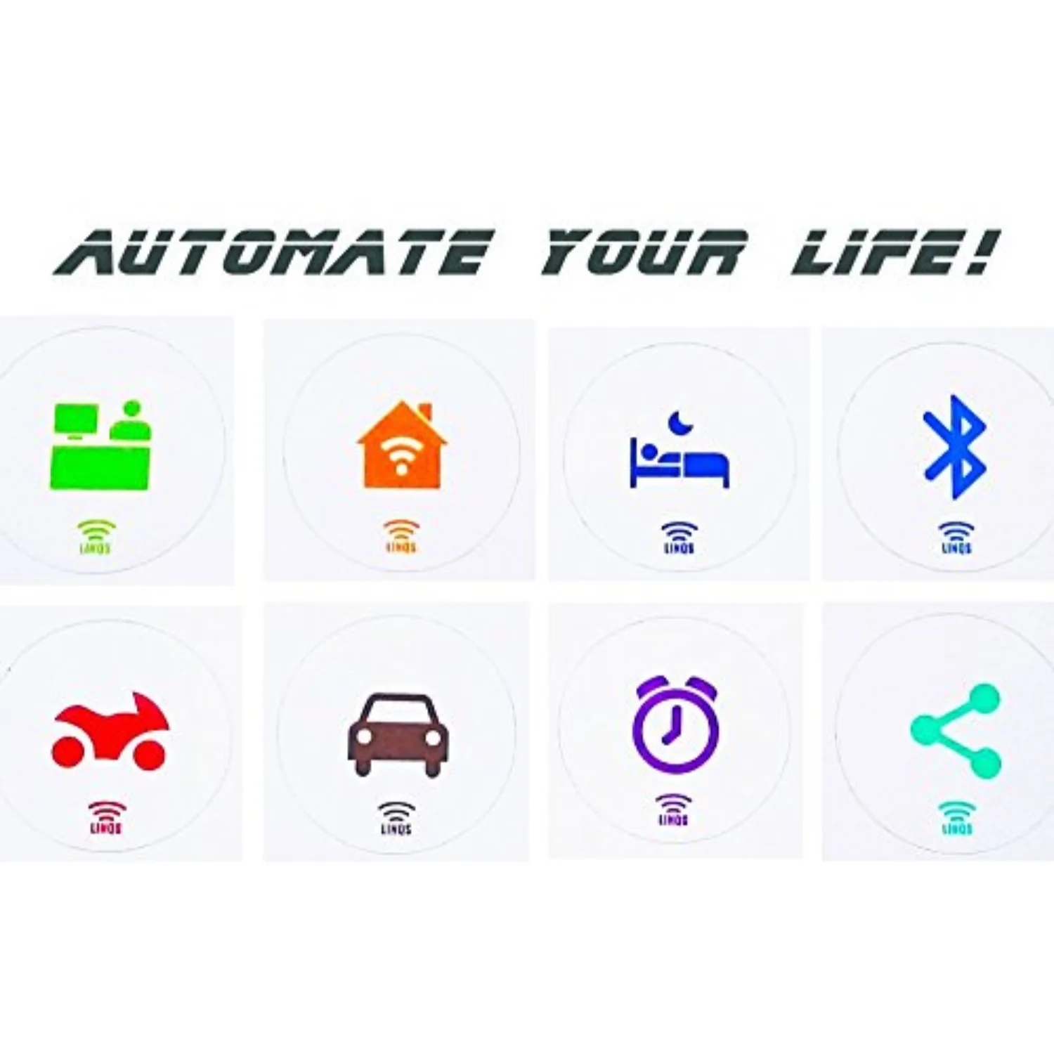 Eight white circular NFC stickers with colorful icons and "LINQS" logo below each.