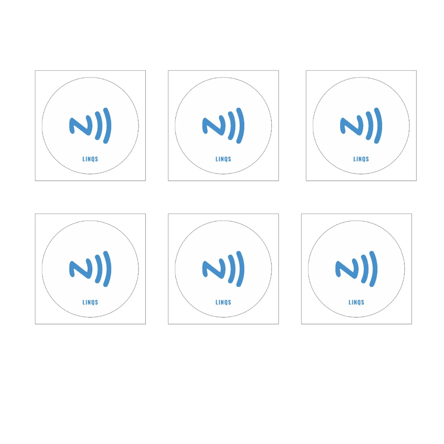 Six circular NFC stickers with a blue NFC Forum logo and "LINQS" text on a white background.