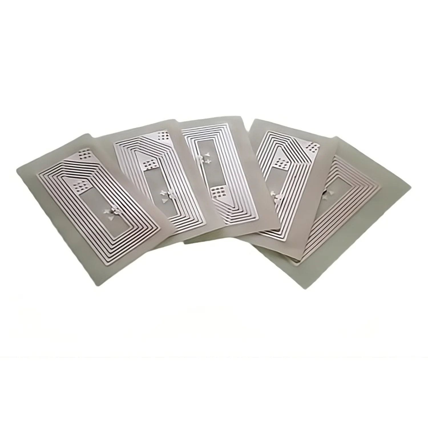 Five small, rectangular NFC stickers with visible circuitry on a white background.