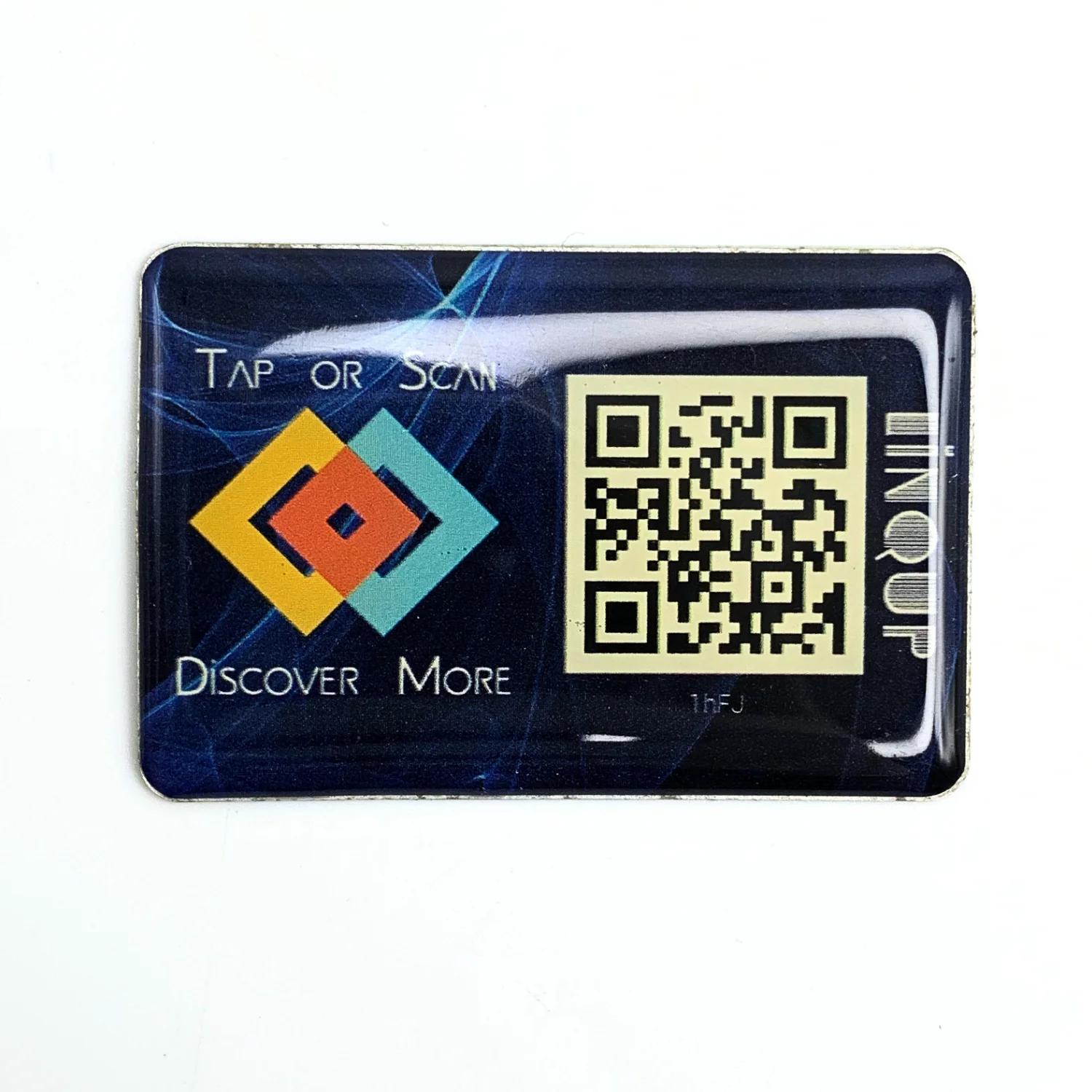 LINQS Smart NFC and QR dynamic sticker with printed QR code and Discover More text